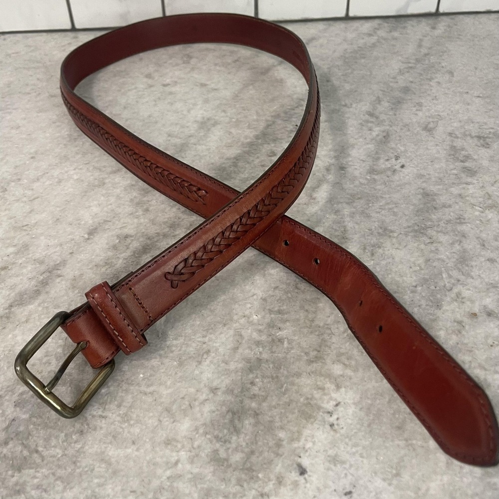 Western Braided Leather Belt Mens 42 Brown Full Grain Cowhide Brass Buckle